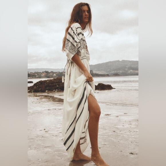 ZARA Beaded Kaftan Maxi Long Dress - Picture 1 of 13